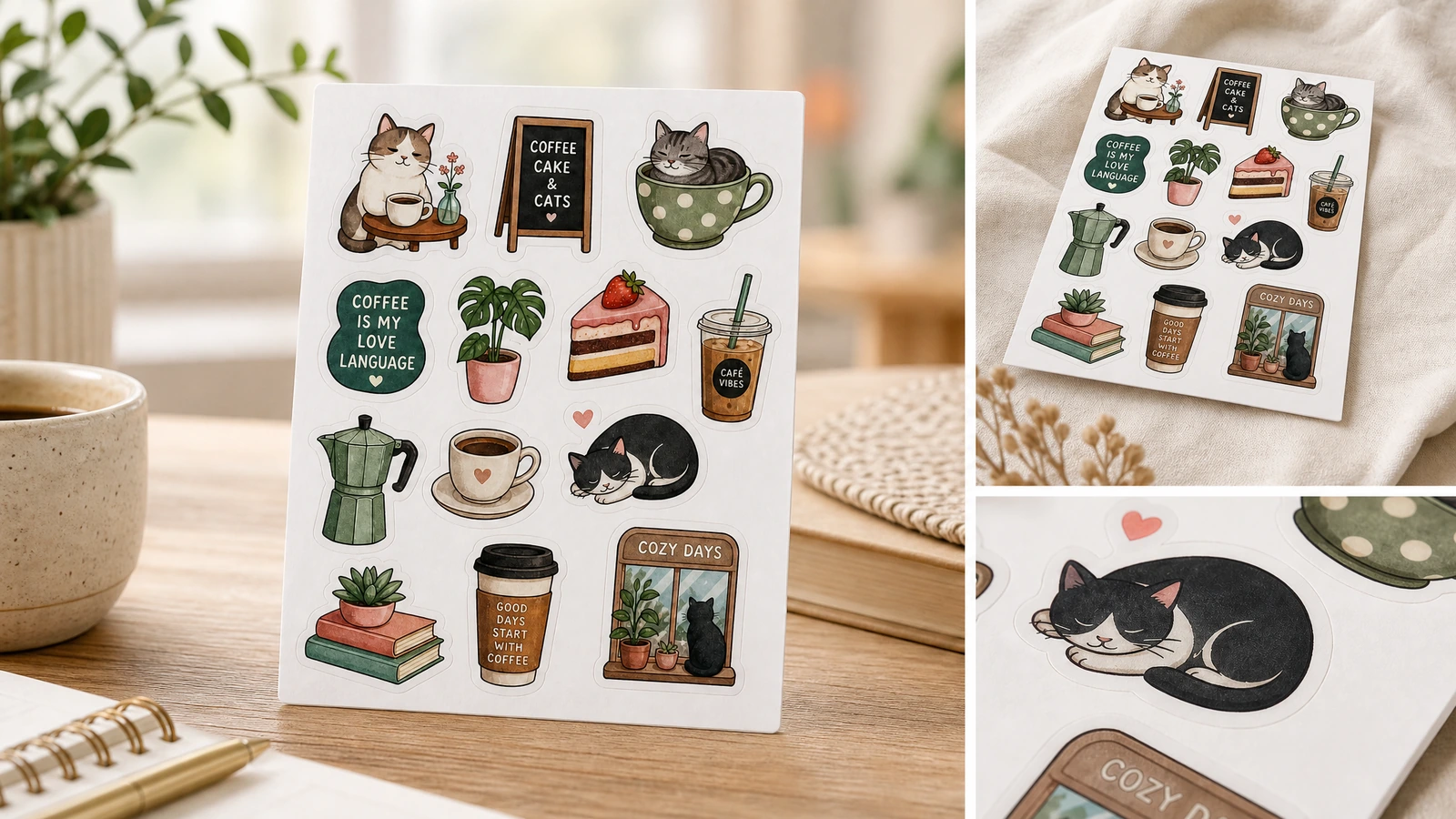 Colagem de folha de adesivos de gato e café Colagem mostrando uma folha de adesivos de gato e café sobre uma mesa, sobre um tecido e em detalhe