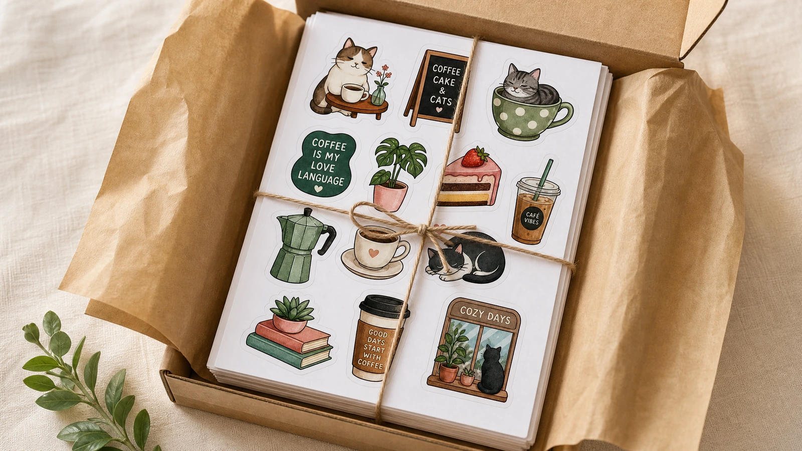 Folhas de adesivos embaladas em uma caixa kraft Uma pilha de folhas de adesivos de gato e café amarrada com barbante, em uma caixa kraft forrada com papel de seda