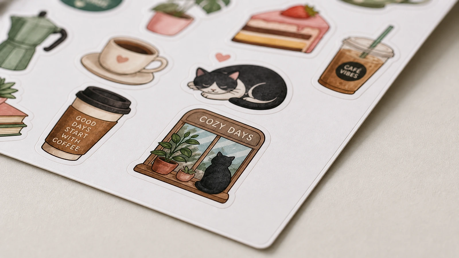 Vista de perto de adesivos de gato e café Vista de perto de adesivos de xícaras de café, de um gato dormindo, de bolo e de plantas sobre uma folha branca