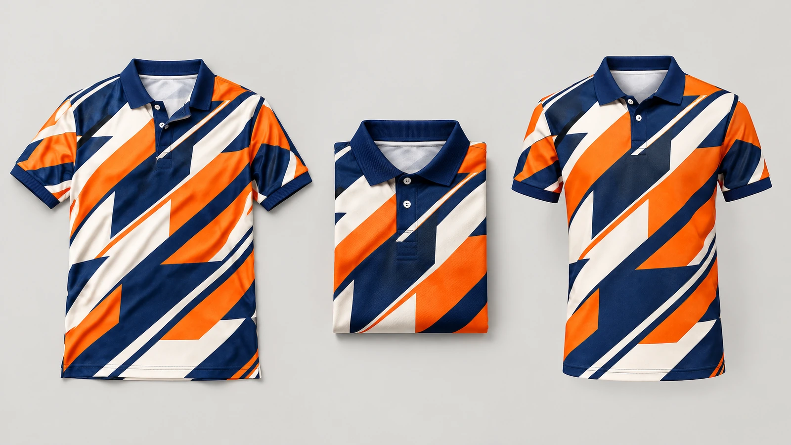 Três vistas de uma camisa polo geométrica em azul-marinho, laranja e branco, incluindo uma versão dobrada