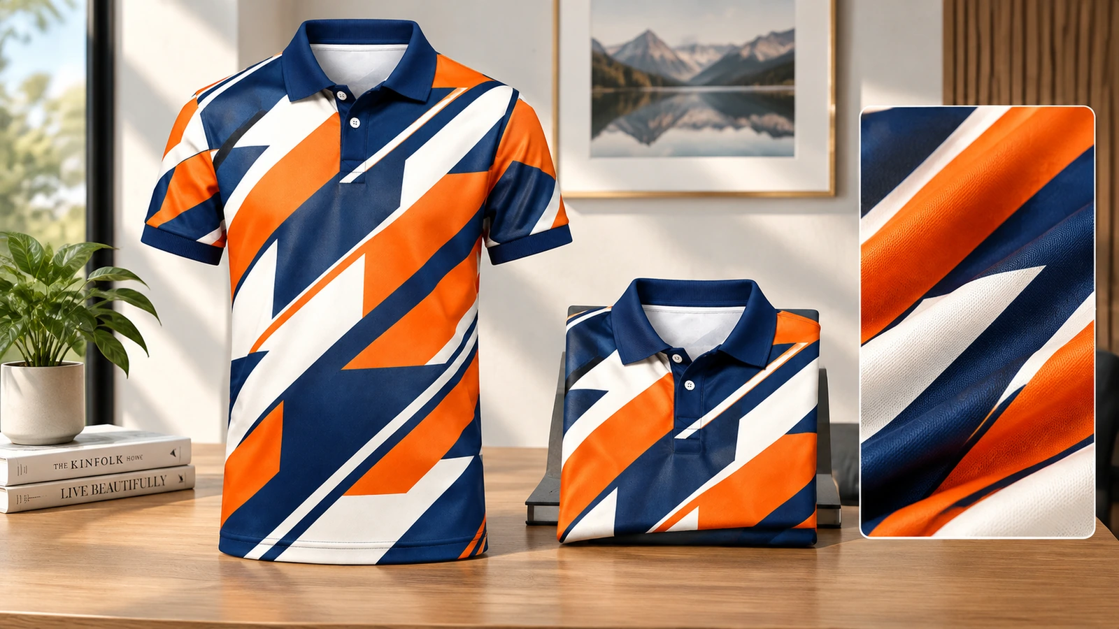 Camisa polo estampada exibida em pé e dobrada sobre uma mesa, com detalhe de tecido em destaque