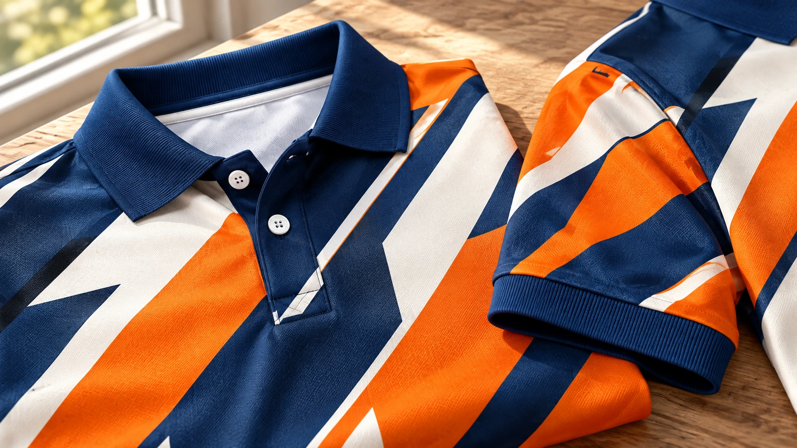 Close-up de camisas polo estampadas mostrando golas azul-marinho, palas com botões e punho de manga