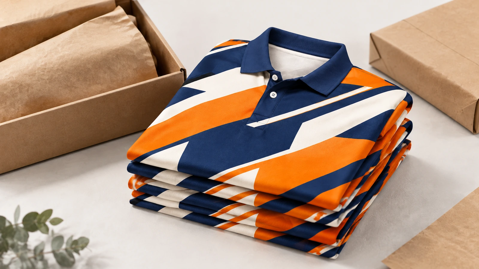 Pilha de camisas polo dobradas em azul-marinho, laranja e branco ao lado de embalagem de papelão aberta