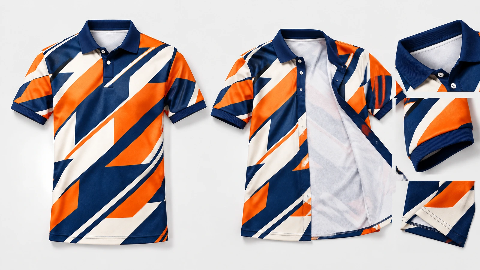 Camisa polo estampada exibida fechada e aberta para mostrar a parte interna branca, com detalhes em close da gola e do tecido