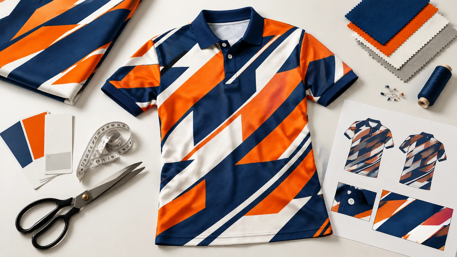 Camisa polo estampada em azul-marinho, laranja e branco, cercada por amostras de tecido, tesoura, fita métrica e desenhos de peças