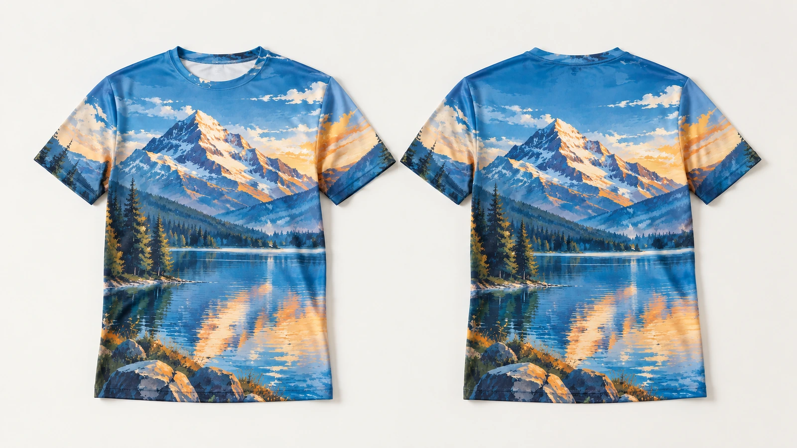 Vista frontal e traseira de uma camiseta azul com estampa total de montanha e lago