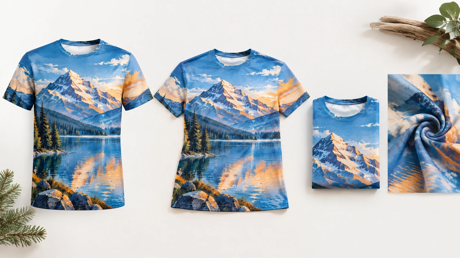Duas camisetas estampadas expostas ao lado de uma camiseta dobrada e close-up do tecido