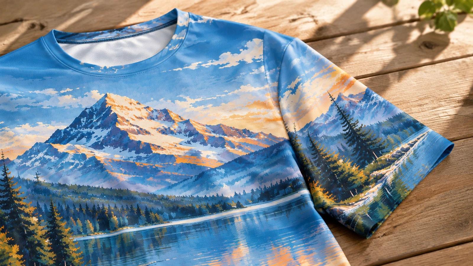 Camiseta estampada com montanha e lago deitada sobre superfície de madeira