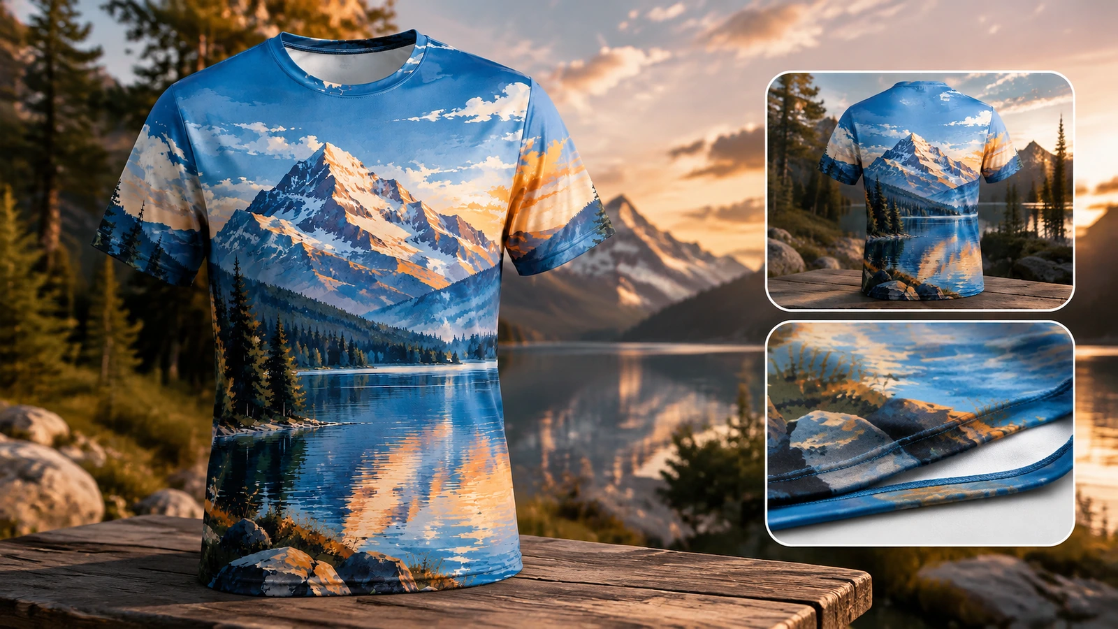 Camiseta com estampa de montanha ao ar livre, com detalhes ampliados das costas e da barra