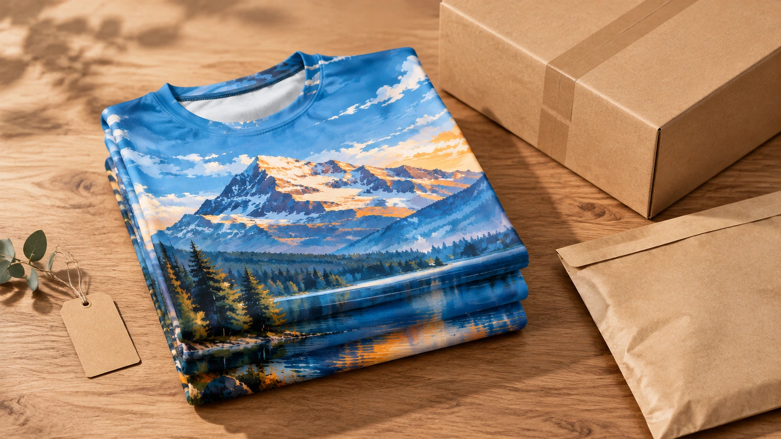 Camisetas com estampa total dobradas ao lado de uma caixa de papelão e envelope kraft