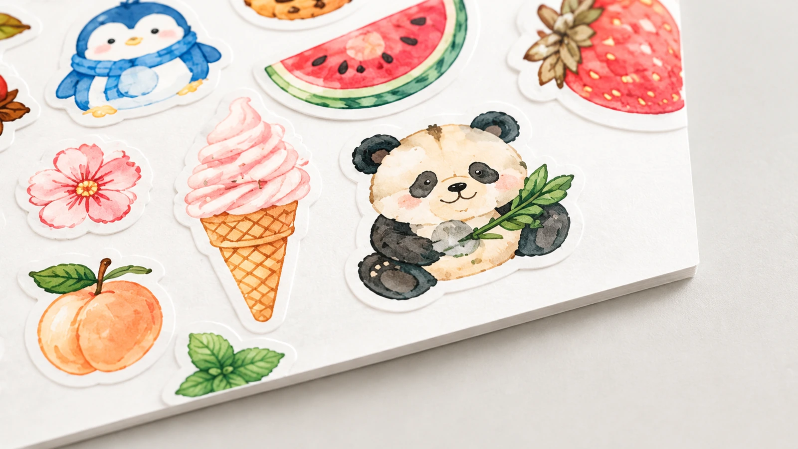 Close de uma folha de adesivos mostrando ilustrações de panda, sorvete, frutas e flores, com bordas cortadas