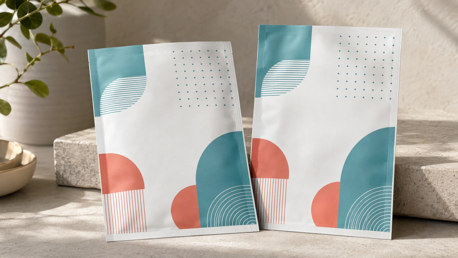 Exibição de bolsas impressas Duas bolsas com estampa geométrica exibidas sobre um fundo claro texturizado