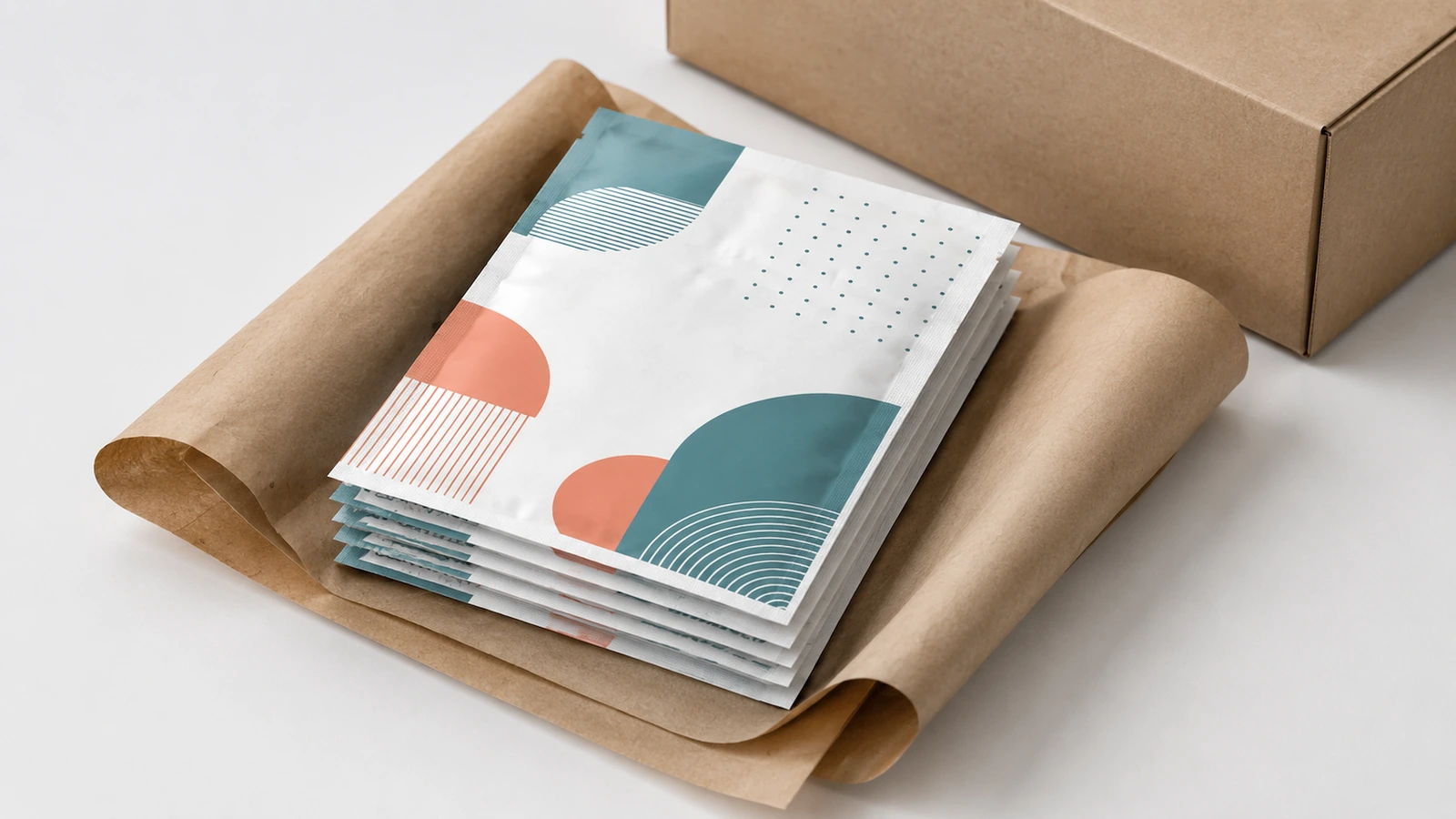 Bolsas impressas e papel de embalagem Pilha de bolsas planas impressas apoiadas sobre papel kraft ao lado de uma caixa de papelão