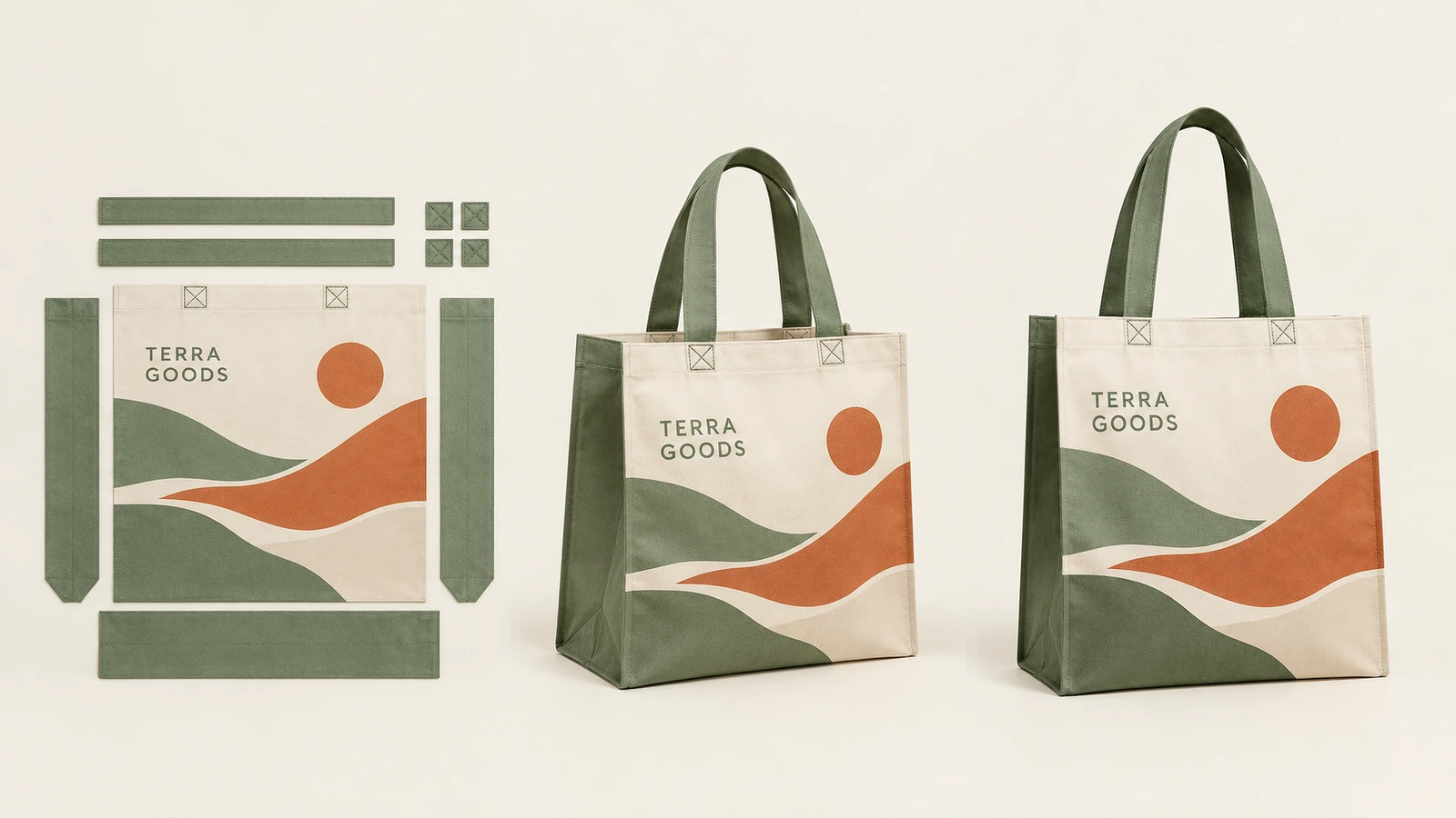 Peças de molde ilustradas de sacola tote ao lado de duas sacolas acabadas com estampa de paisagem