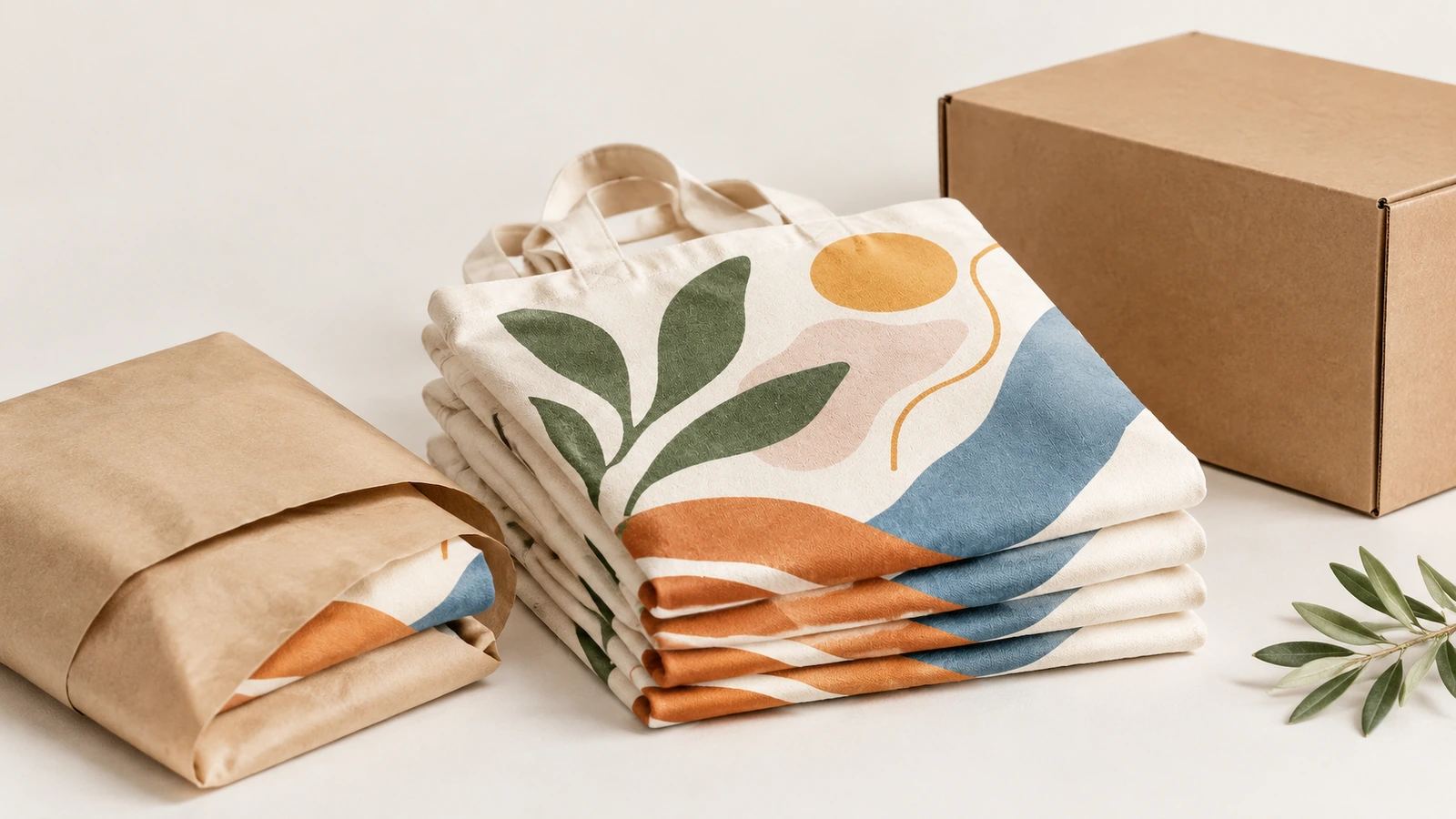 Sacolas de algodão estampadas e dobradas ao lado de um envelope kraft e de uma caixa de papelão