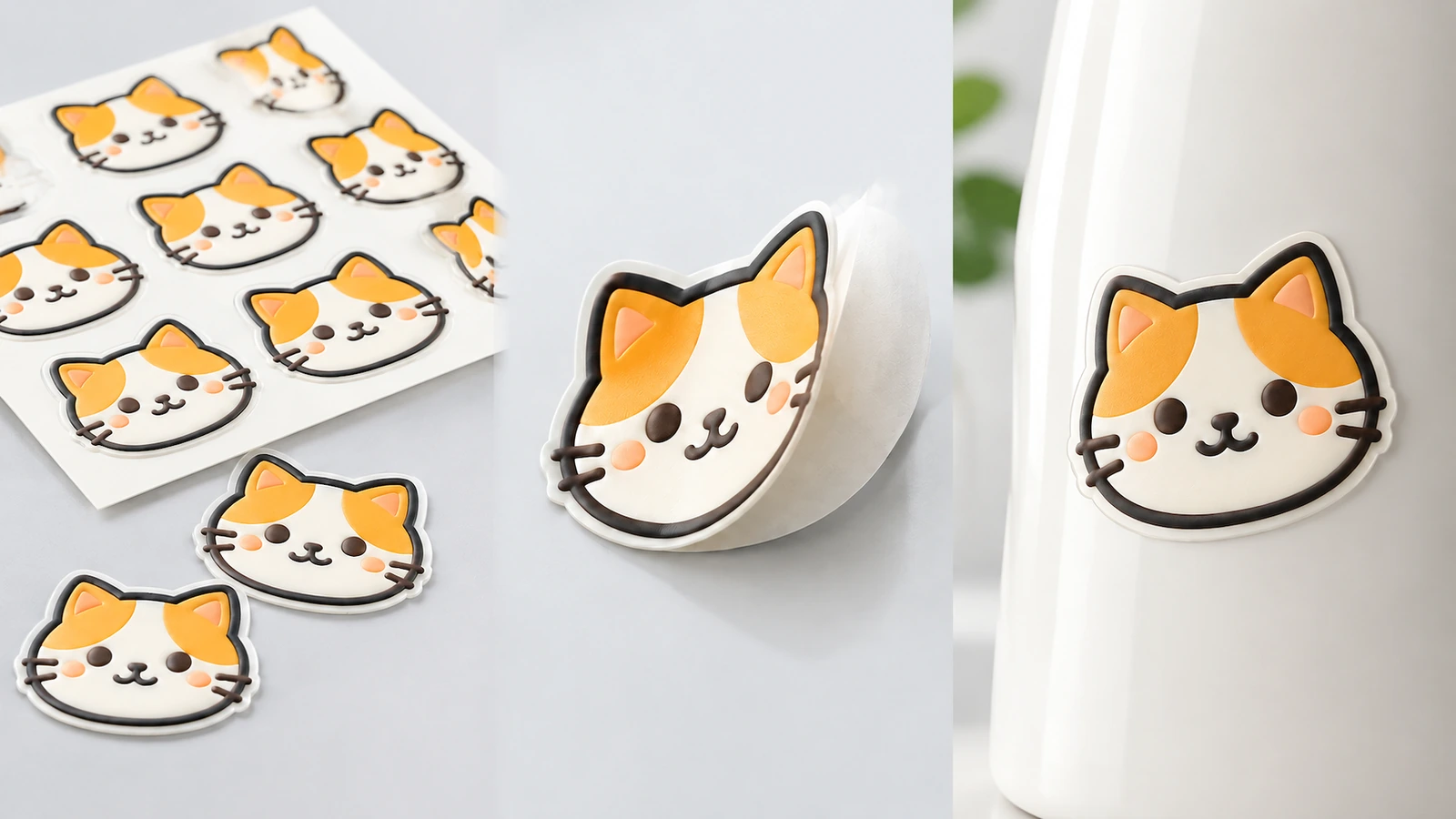 Colagem com folhas de adesivos de rosto de gato, uma peça levantada e um adesivo sobre uma garrafa branca