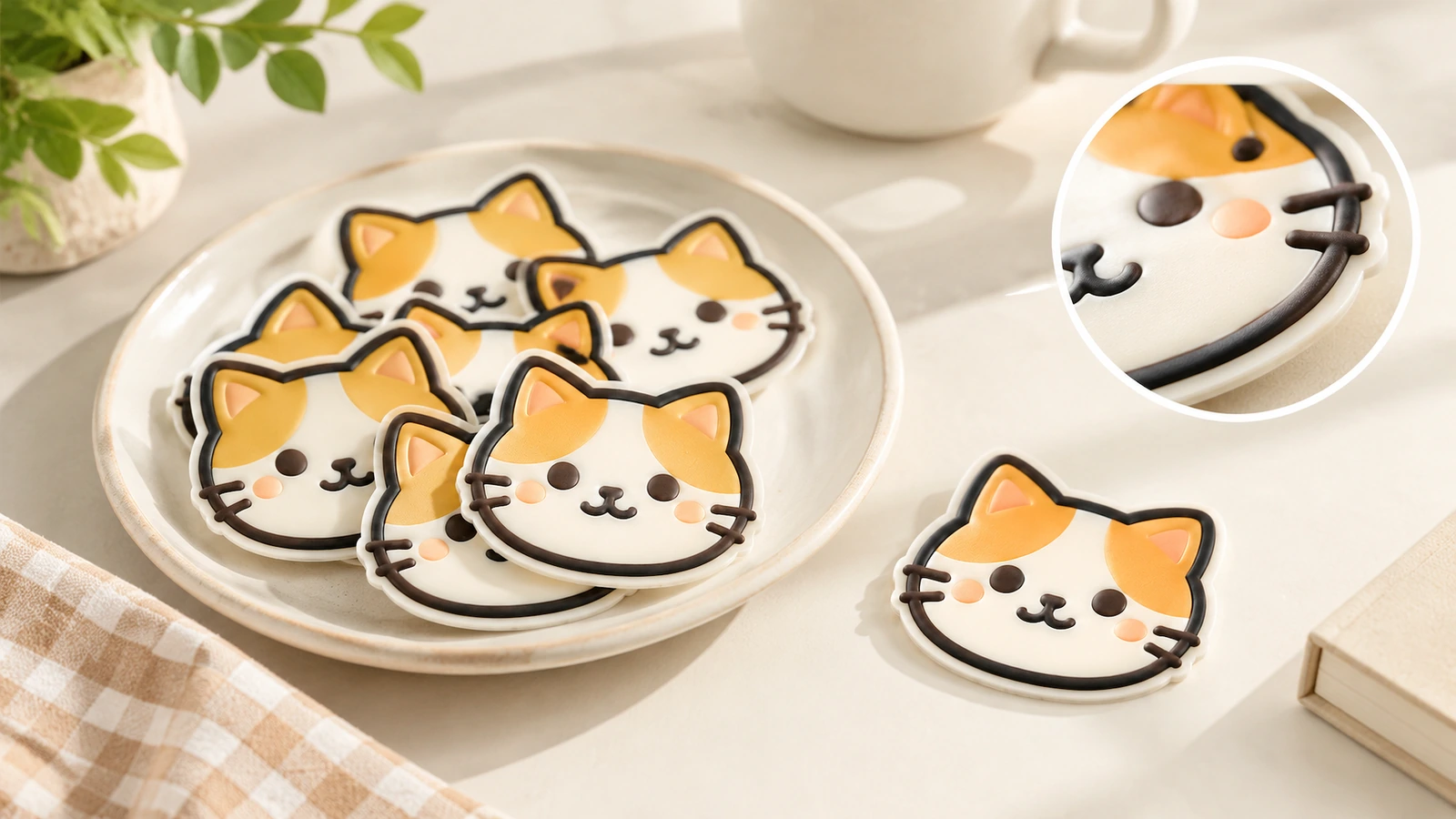 Adesivos de rosto de gato sobre um prato e uma mesa, com um detalhe circular em destaque