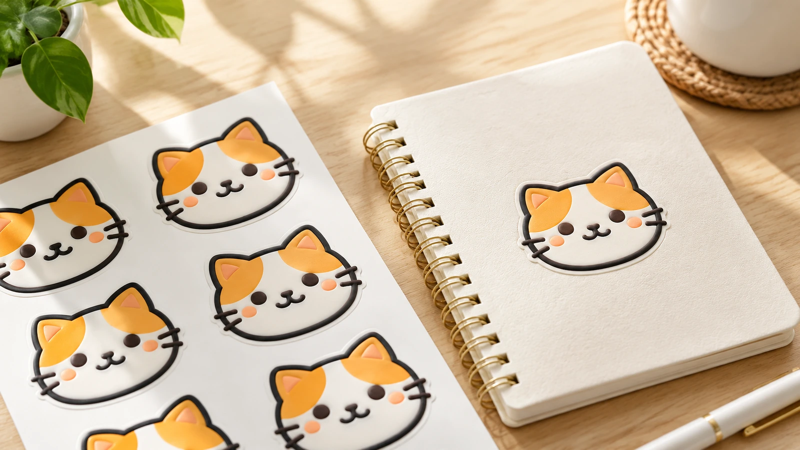Adesivo de rosto de gato em um caderno espiral ao lado de uma folha de adesivos da mesma estampa