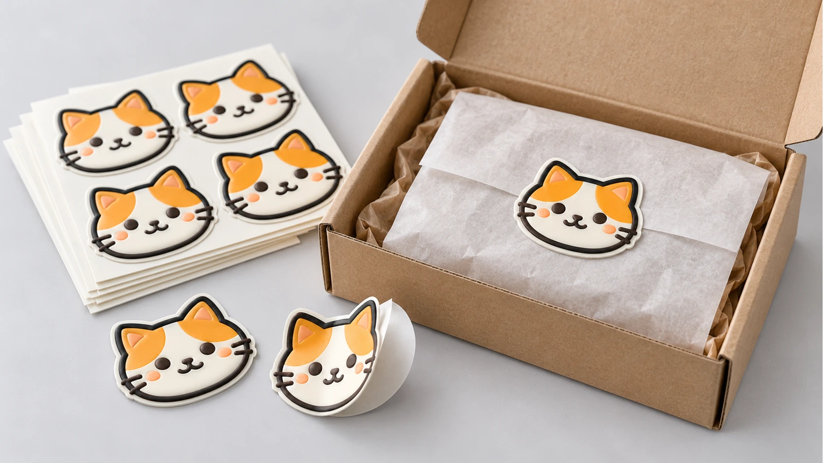 Folhas de adesivos de rosto de gato e peças avulsas ao lado de uma caixa de papelão forrada com papel de seda