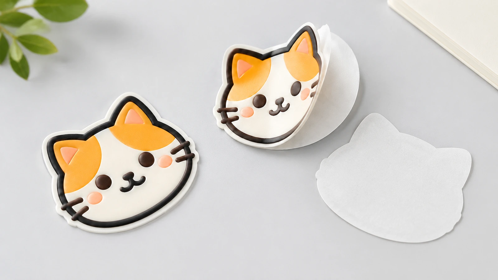 Adesivos de rosto de gato com 1 peça levantada acima de um suporte branco recortado