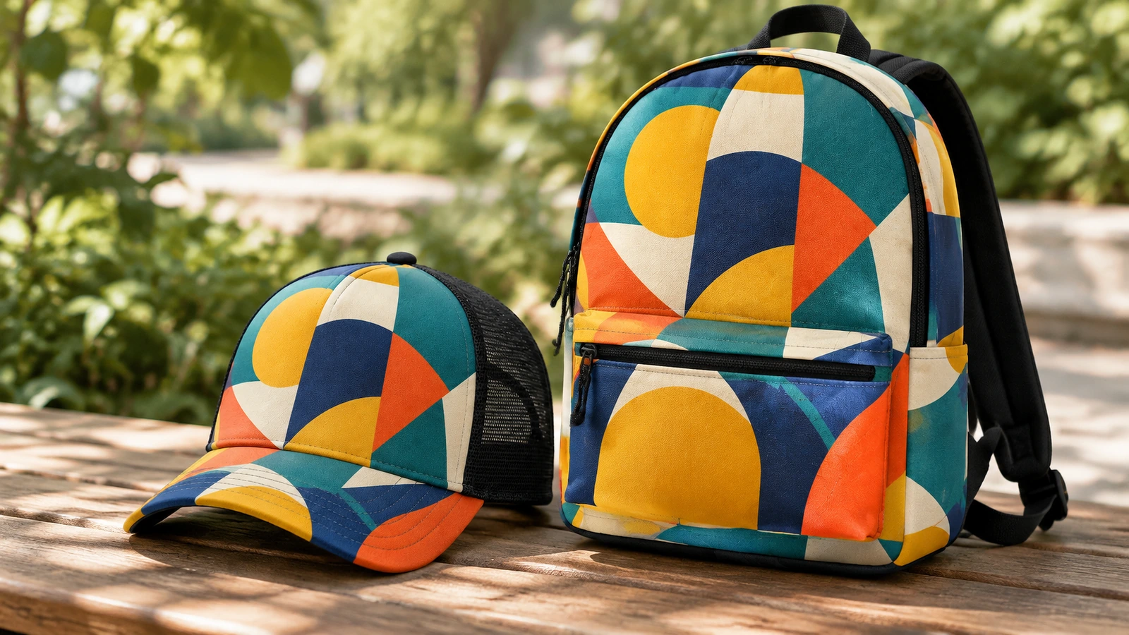 Boné trucker com estampa geométrica ao lado de uma mochila combinando sobre uma mesa em um parque