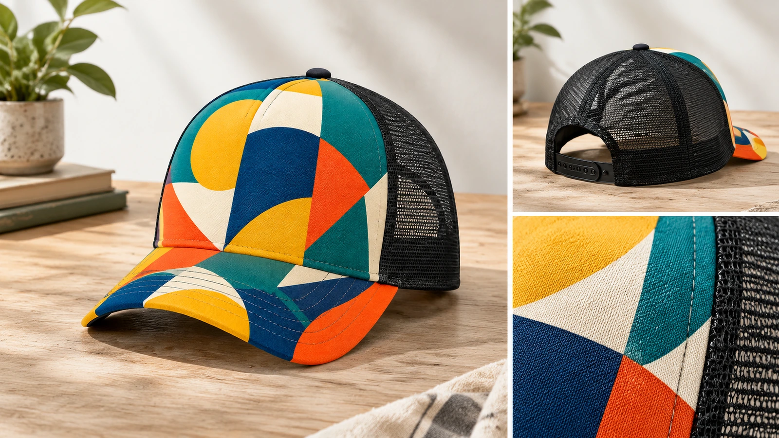 Exibição de boné trucker estampado com fecho snap traseiro embutido e detalhes do tecido
