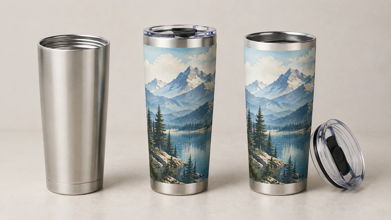 Comparação entre copo liso e copo decorado Copo liso cor de aço ao lado de dois copos com design de montanha e uma tampa transparente