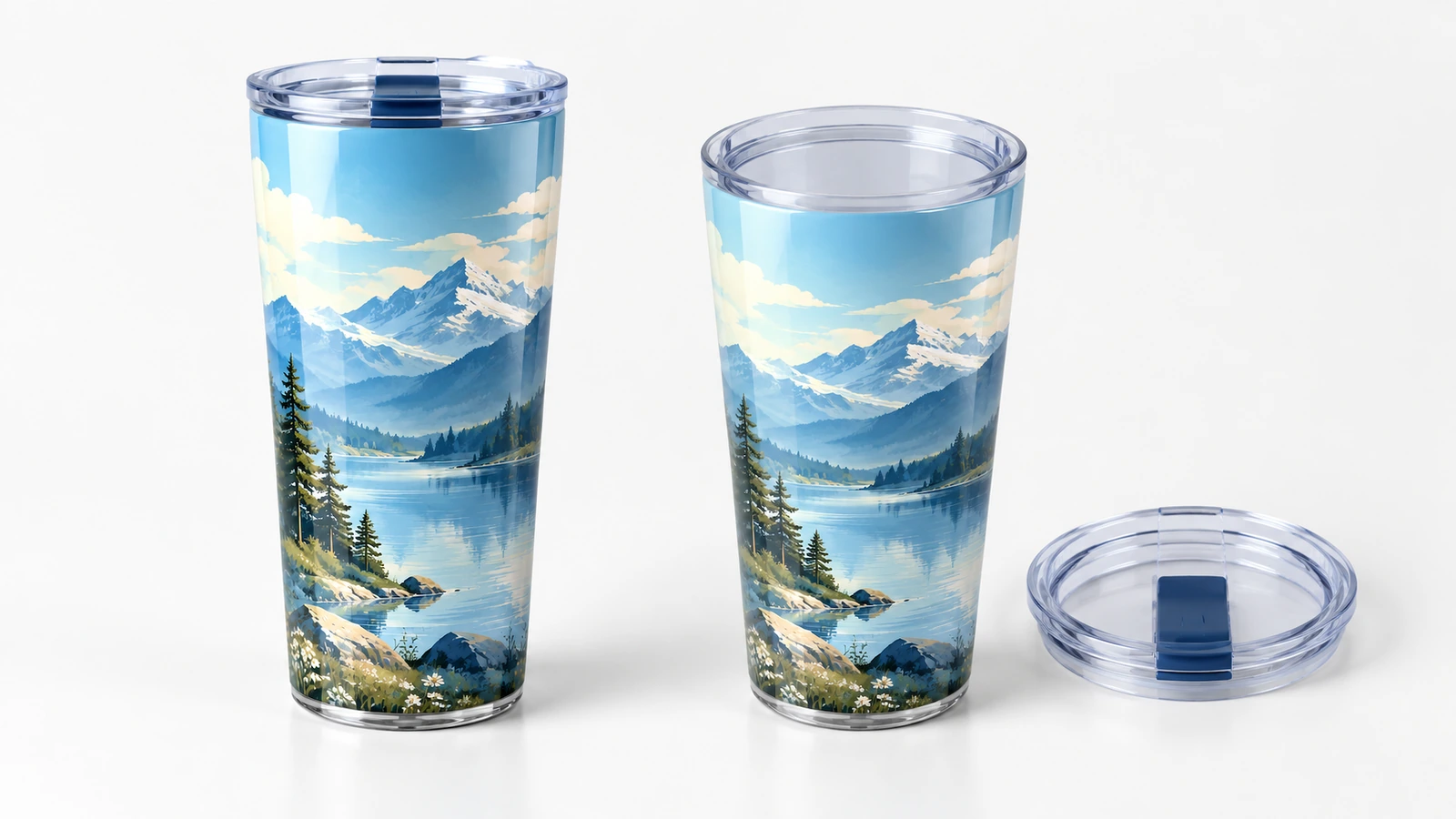 Dois copos com design de montanha, um com tampa encaixada e uma tampa transparente solta ao lado do outro