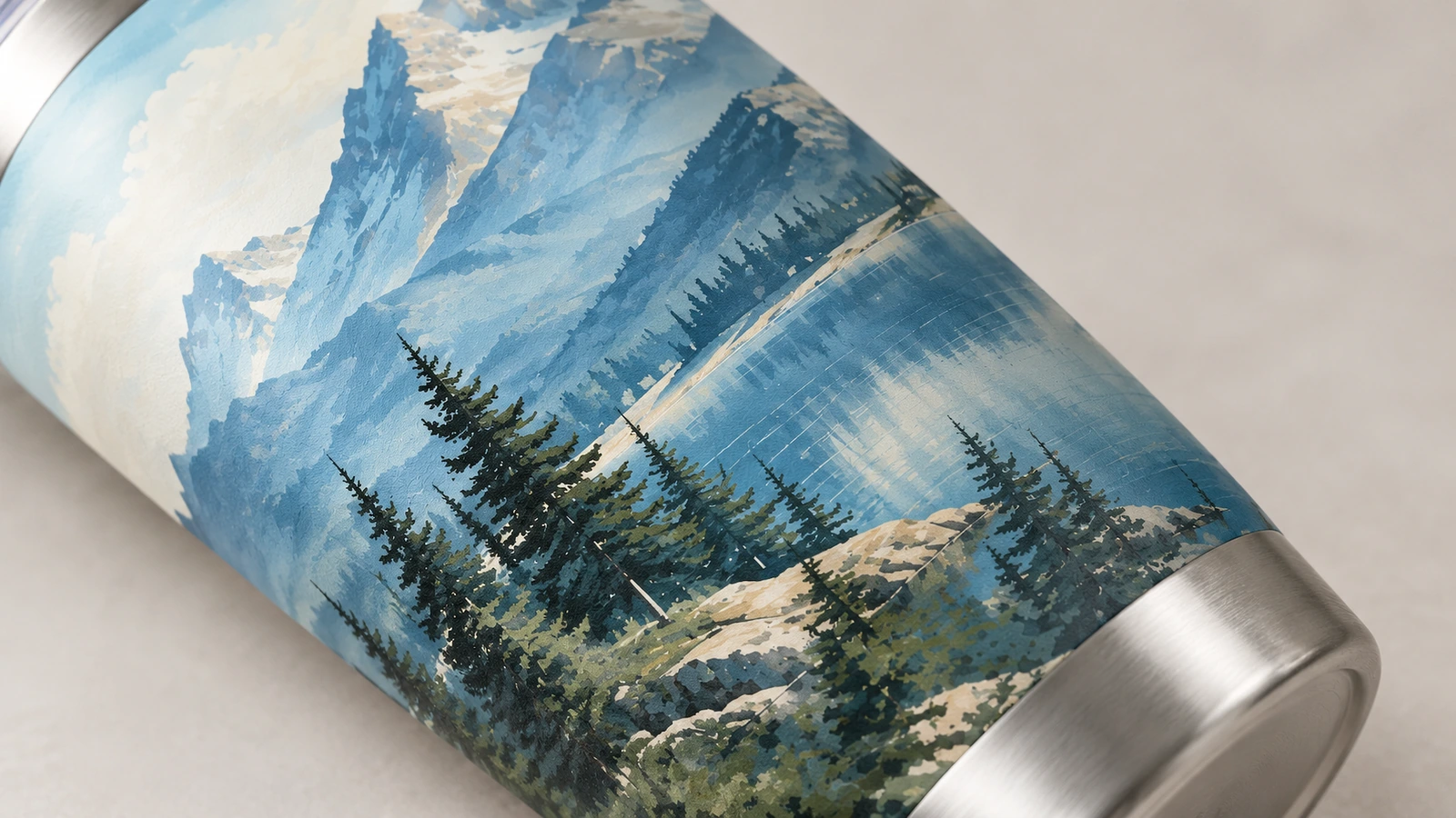 Arte de montanha e detalhe da base do copo Close-up de arte com montanha e lago azuis em um copo com base cor de aço