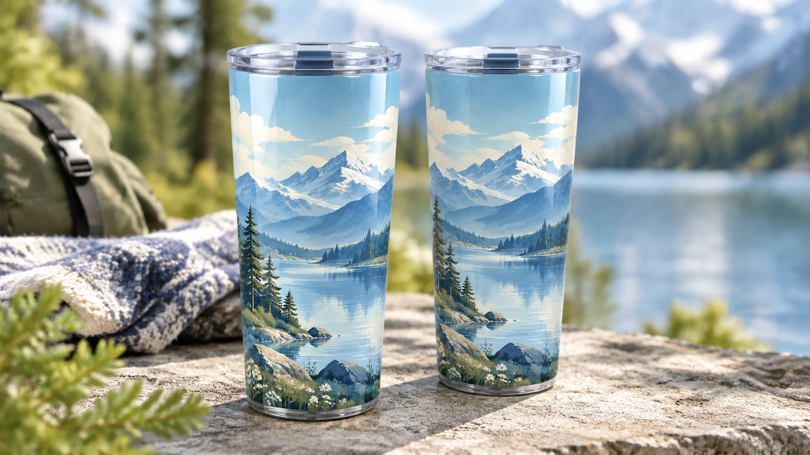 Dois copos com design de montanha sobre uma pedra, ao lado de um lago e de uma mochila
