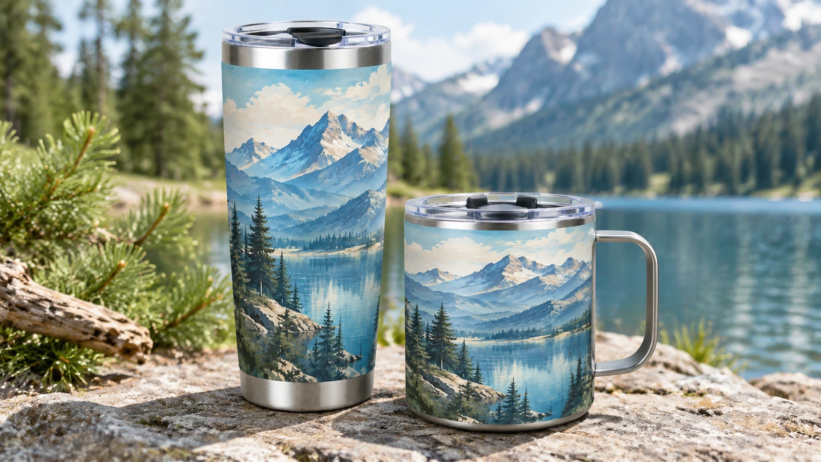 Utensílios decorados em um cenário ao ar livre Copo alto com design de montanha e caneca com alça ao lado de um lago