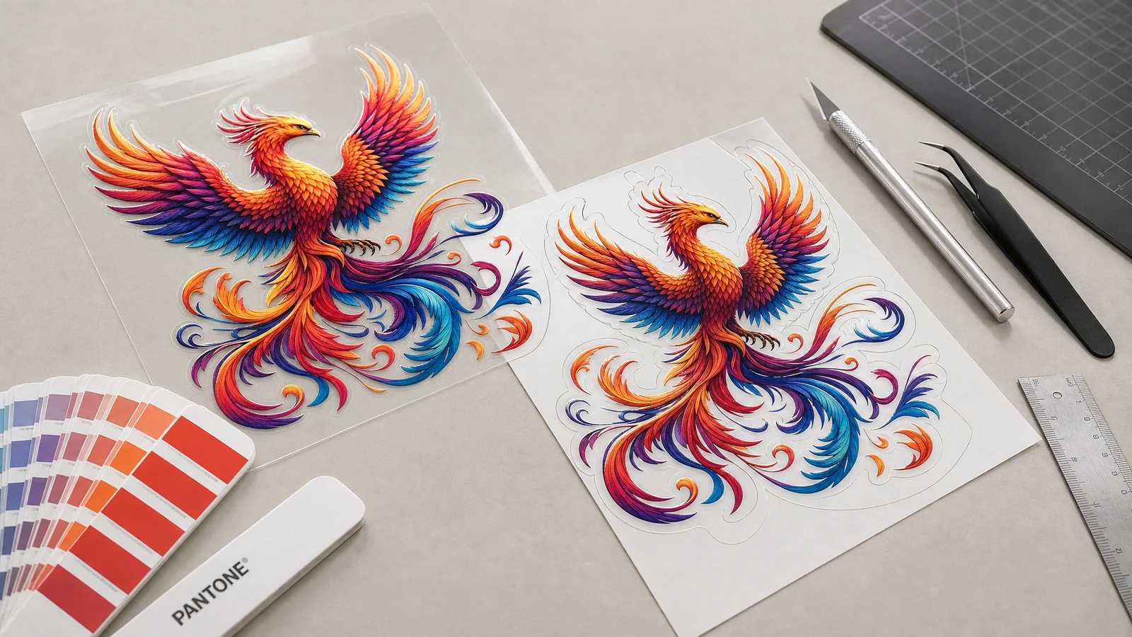 Dois designs coloridos de decalques de fênix ao lado de um leque de amostras de cor, uma régua e ferramentas de artesanato