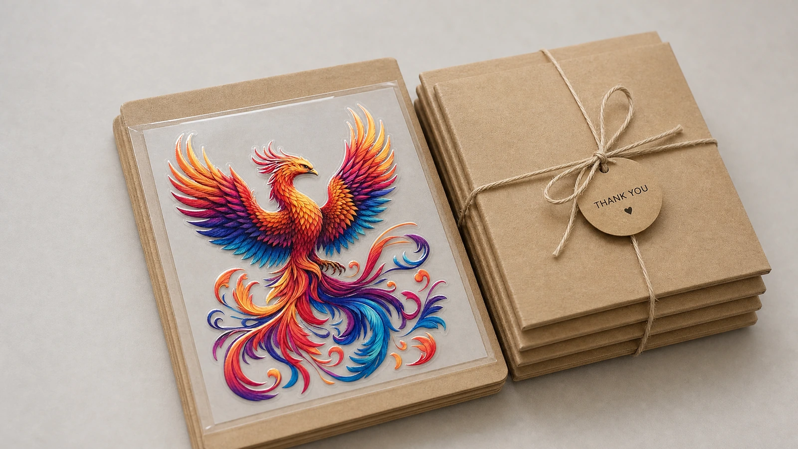 Folhas de decalques de fênix ao lado de envelopes kraft empilhados e amarrados com barbante