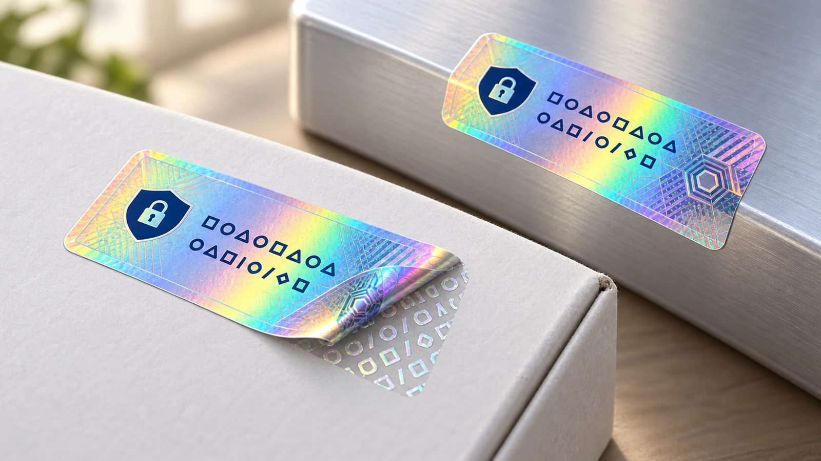Rótulos de segurança holográficos sobre uma caixa de papelão cinza e uma superfície metálica, com um rótulo descolado revelando um padrão