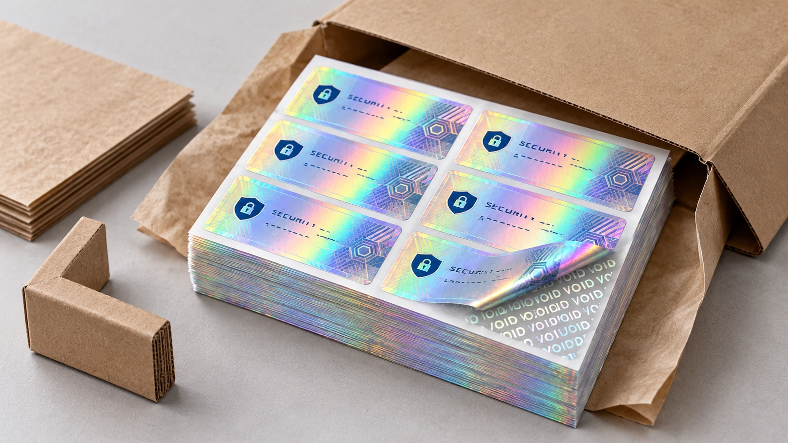 Folhas de rótulos de segurança holográficos empilhadas dentro de um envelope de papelão aberto