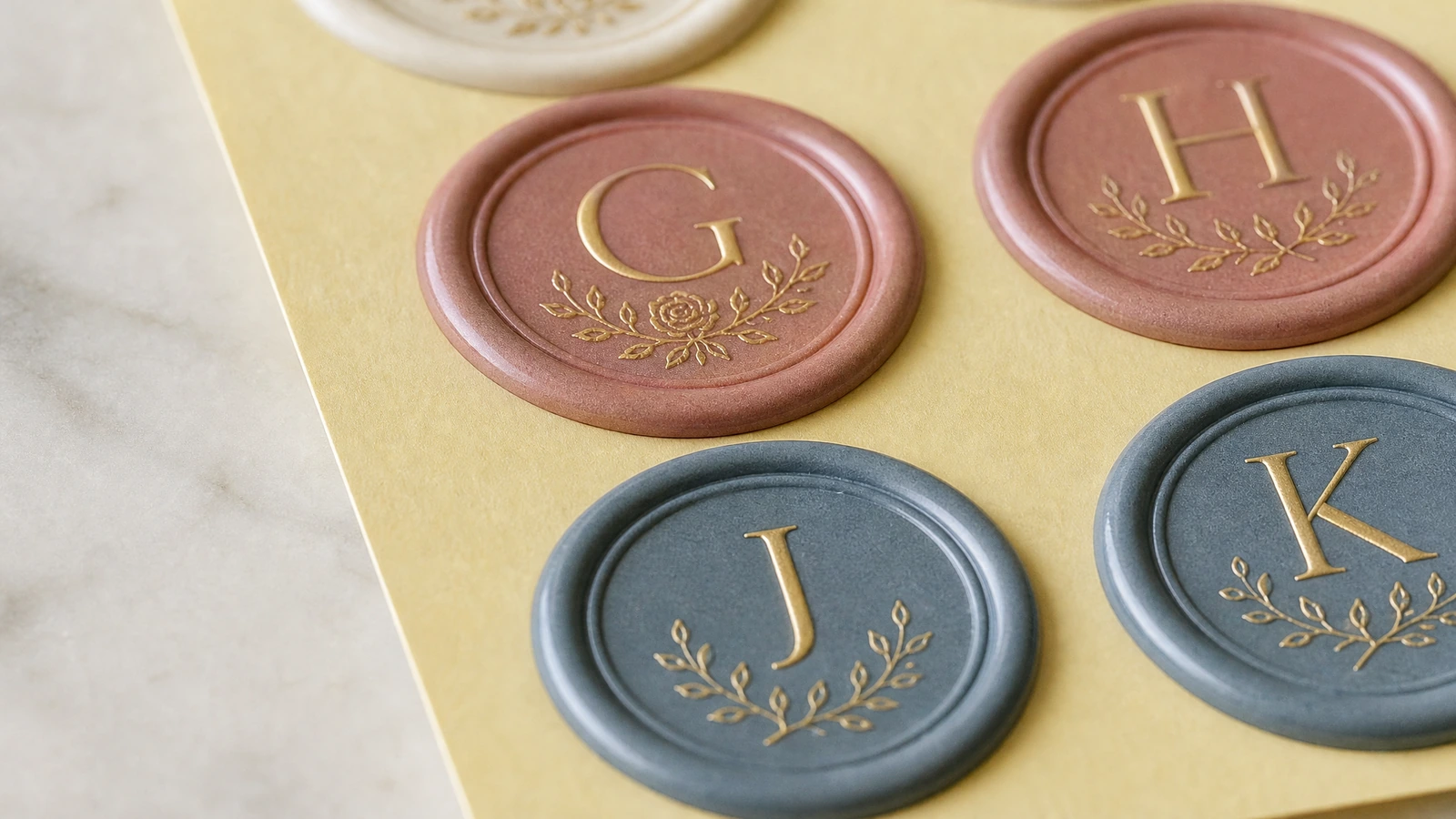 Close-up de selos de cera rosa e azul com iniciais douradas e ramos decorativos sobre uma folha de suporte