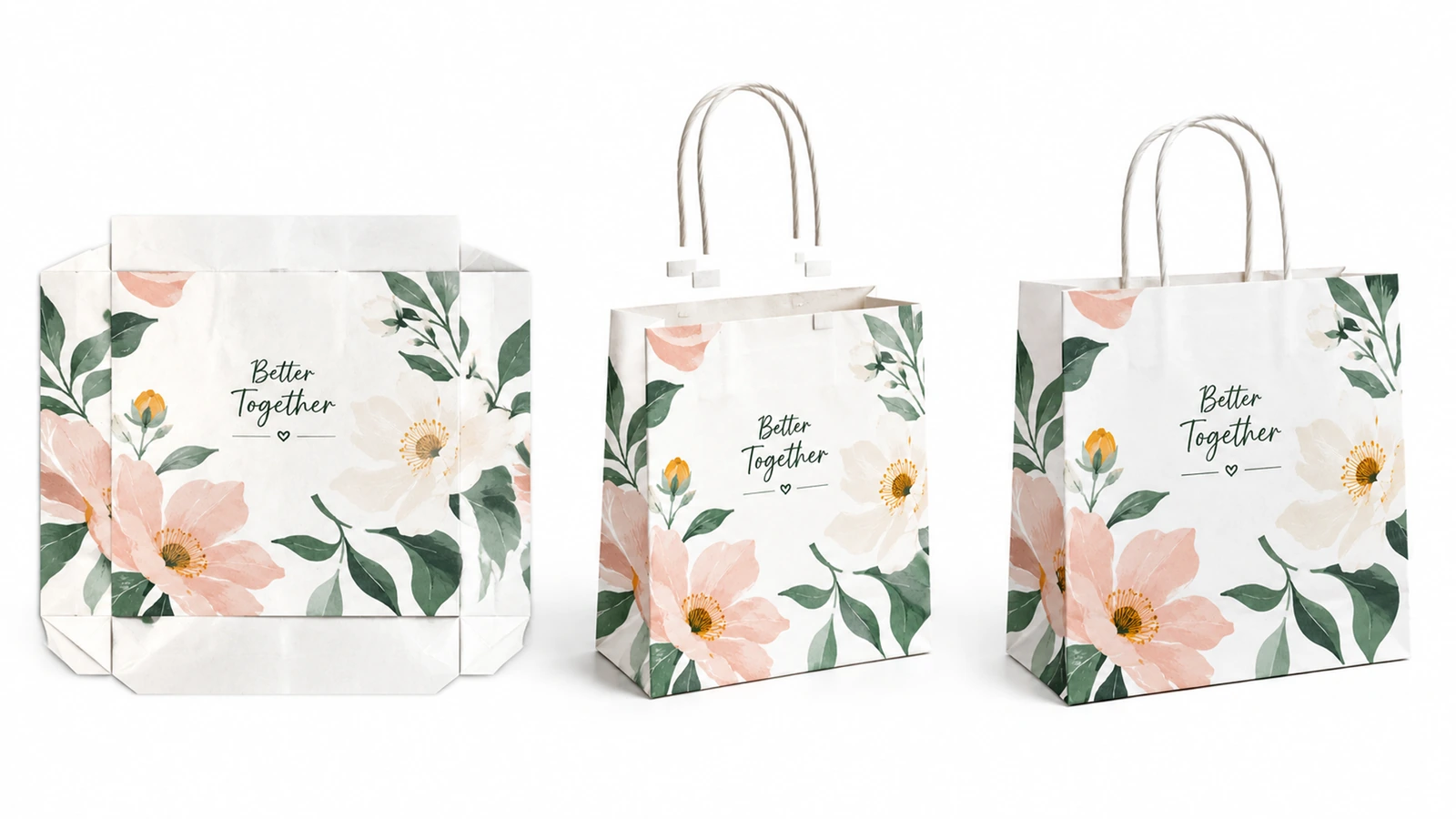 Exemplos de montagem de sacolas florais brancas Sacola de papel floral branca mostrada como corpo sem alças e como duas sacolas concluídas