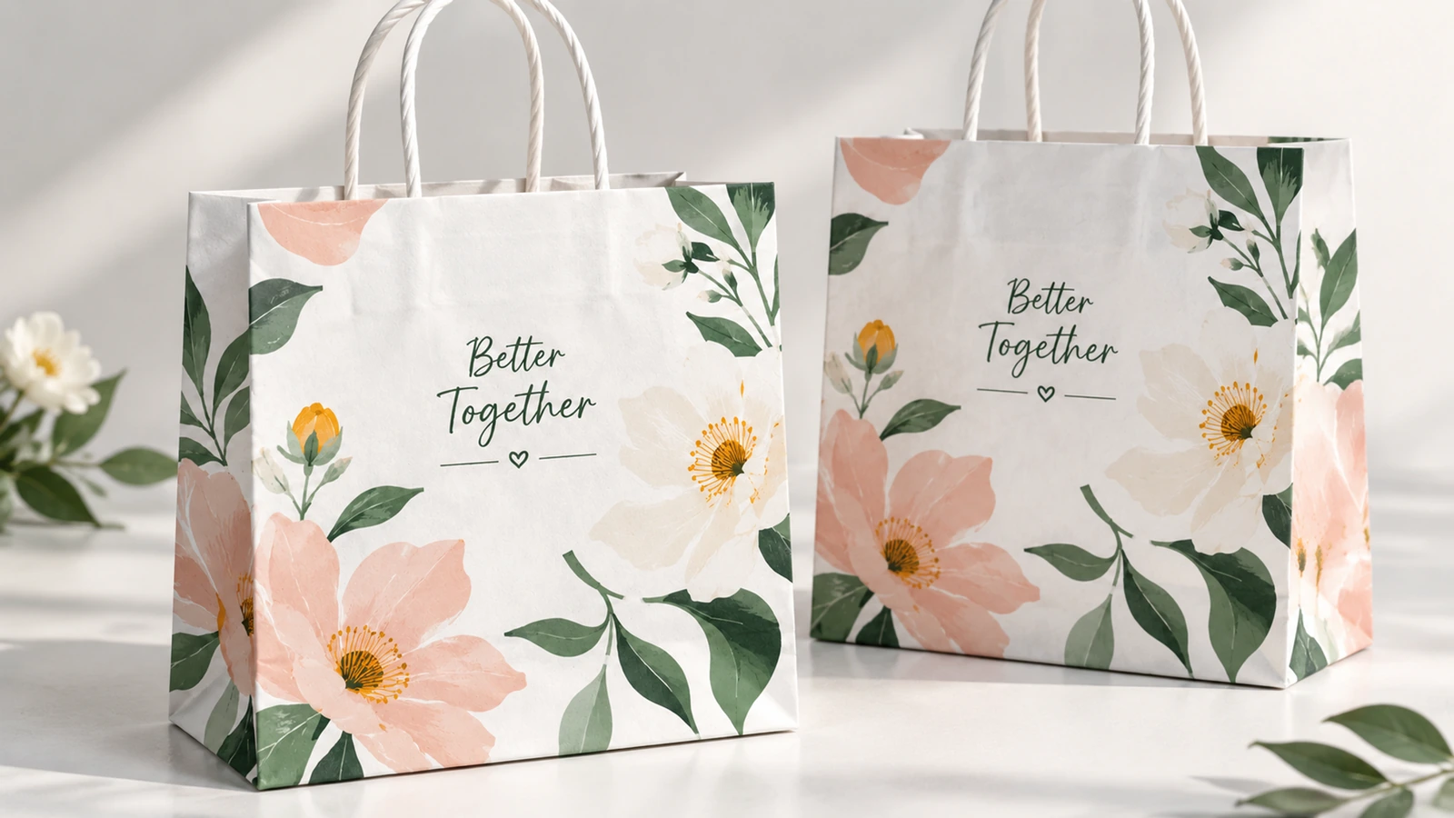 Sacolas de papel floral branco acabadas Duas sacolas de papel floral branco com alças torcidas sobre uma mesa