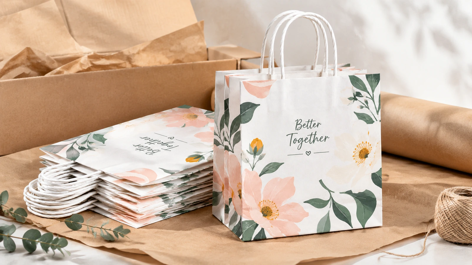 Sacolas florais brancas e materiais de embalagem Sacola de papel floral em pé e sacolas planas empilhadas ao lado de uma caixa de papelão aberta