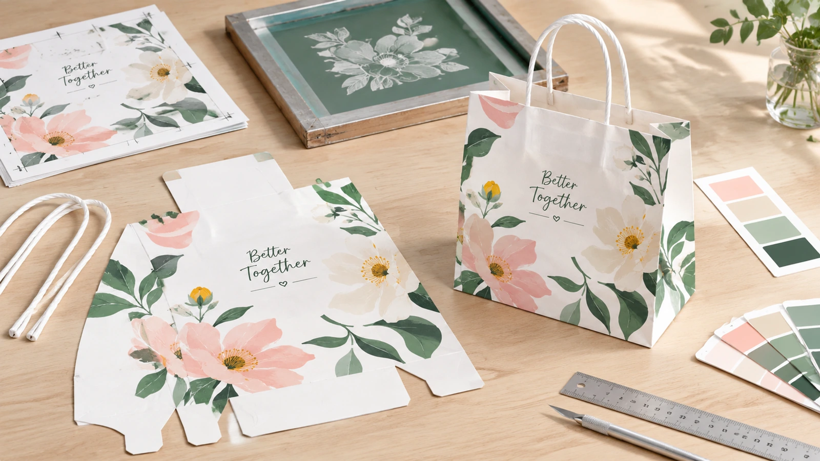 Sacola de papel floral branca e materiais de montagem Sacola de papel floral branca com componentes impressos planos, alças extras, amostras de cor e uma régua