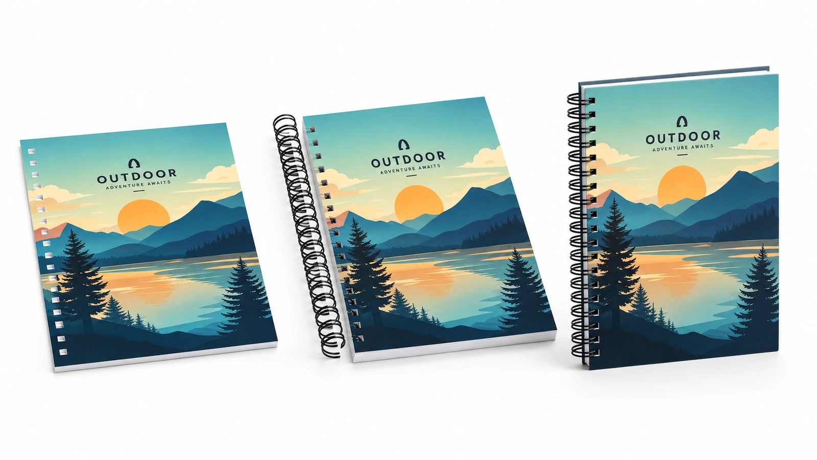 Conceito de folha de capa perfurada ao lado de cadernos encadernados com capa em formato paisagem