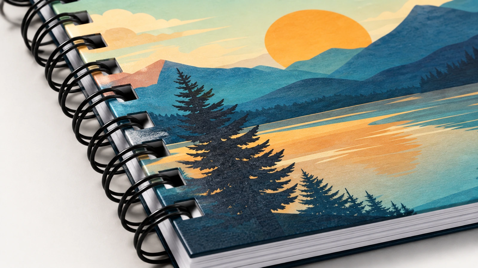 Conceito em close da encadernação de caderno preto, arte de capa em formato paisagem e bordas das páginas