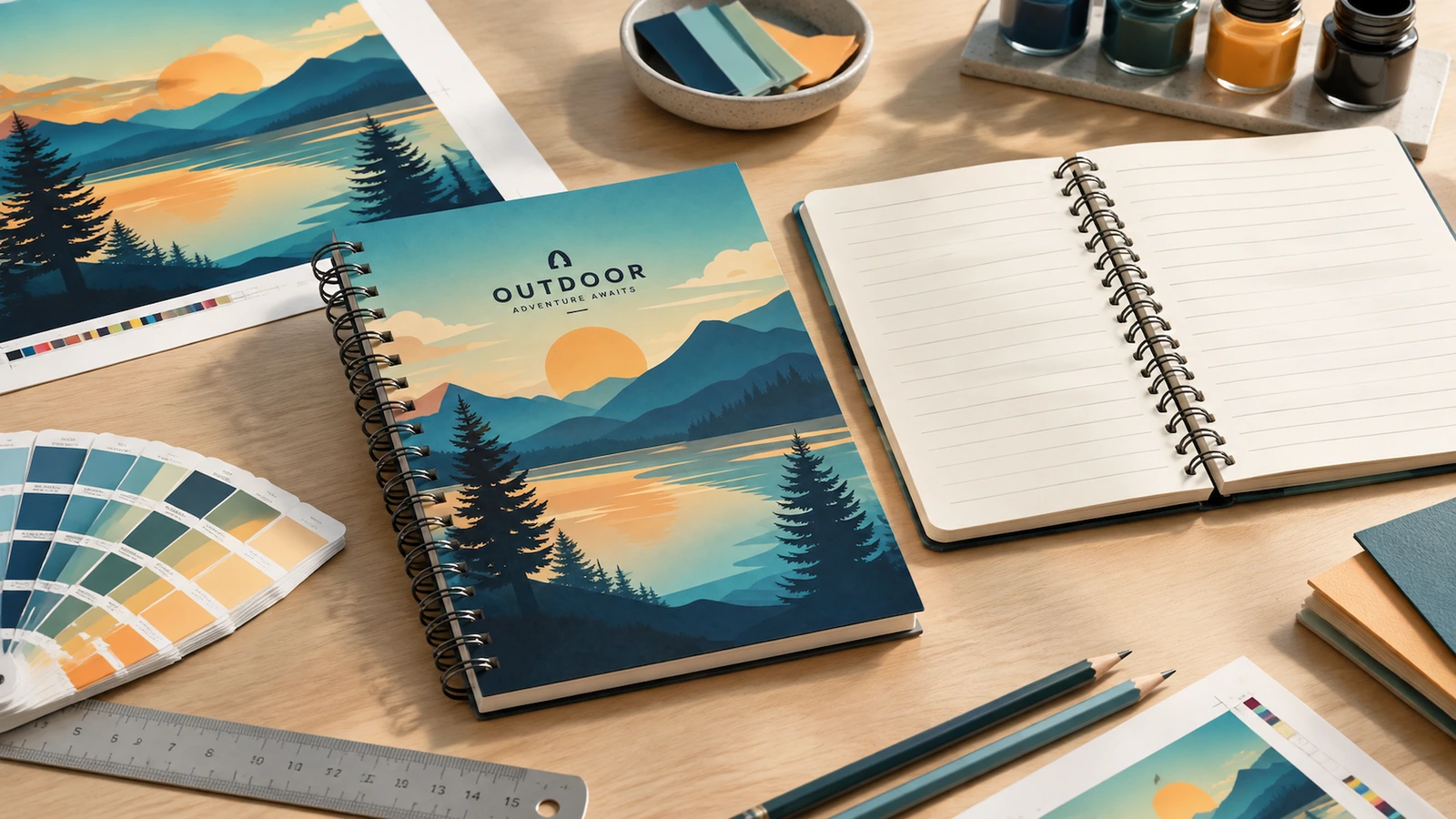 Conceito de caderno com capa em formato paisagem e caderno pautado aberto ao lado de arte, amostras de cor e ferramentas de desenho