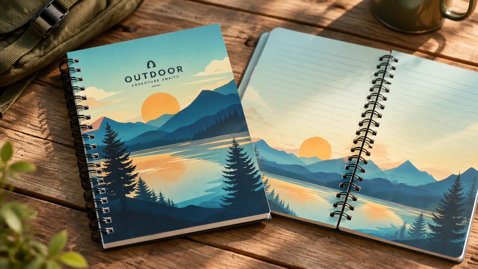 Conceito de caderno com capa em formato paisagem ao lado de um caderno aberto com páginas internas ilustradas