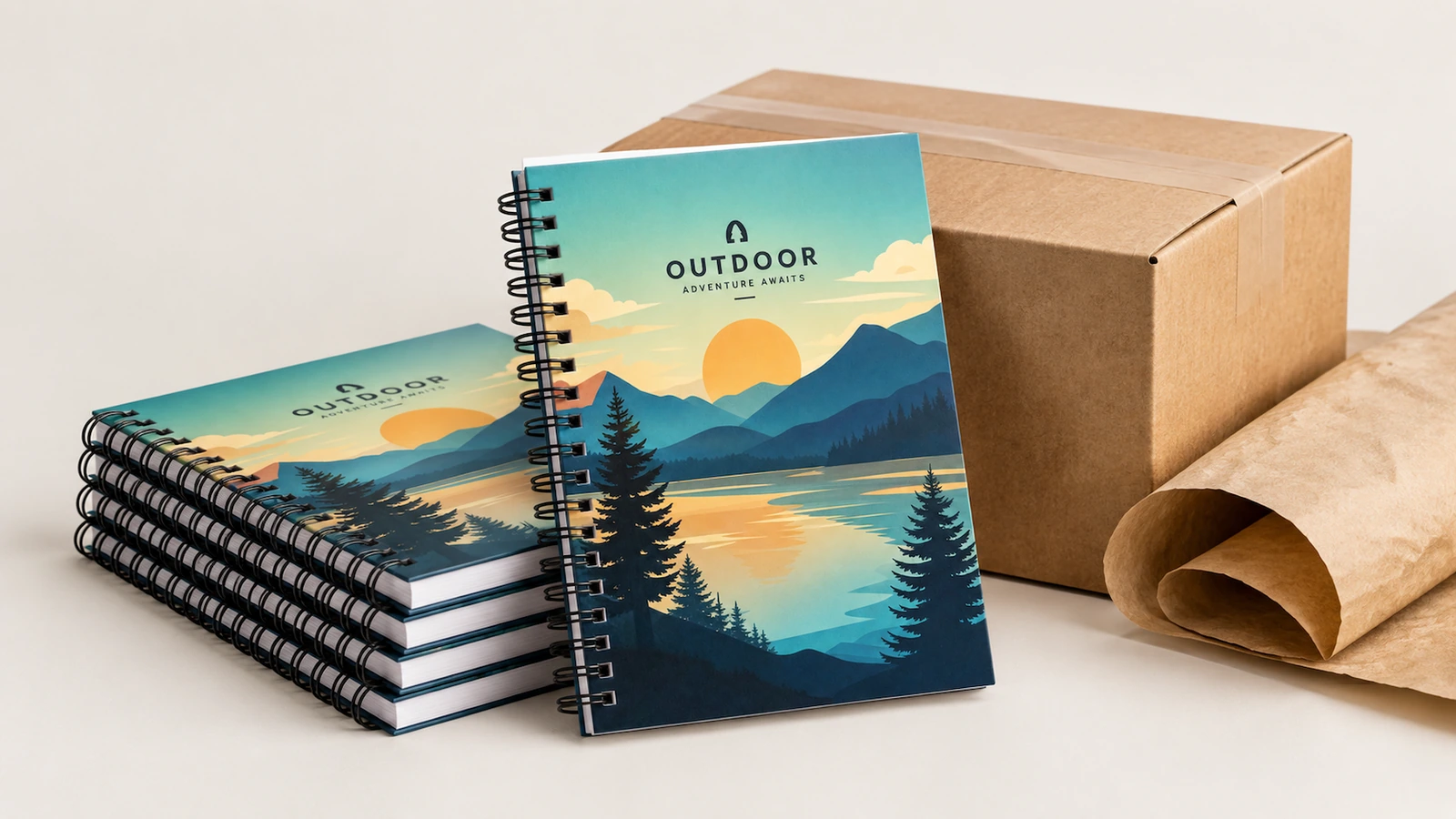 Conceito de cadernos com capa em formato paisagem empilhados ao lado de uma caixa de papelão e papel kraft