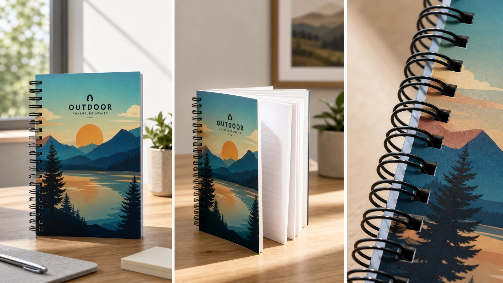 Conceito em colagem mostrando um caderno em pé, um bloco de páginas abertas e um detalhe da encadernação