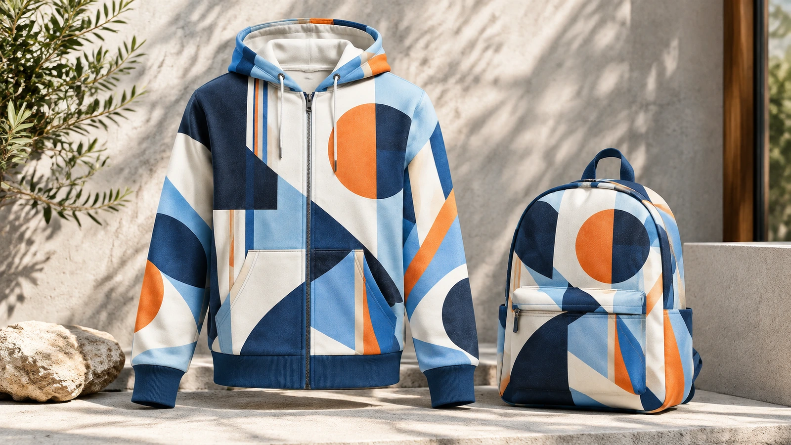 Moletom com zíper geométrico exibido ao lado de uma mochila com arte azul e laranja combinando